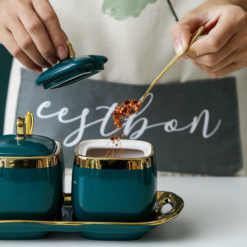 Set bộ 3 hũ vuông đựng gia vị sứ xanh ngọc viền vàng cao cấp có kèm khay và thìa