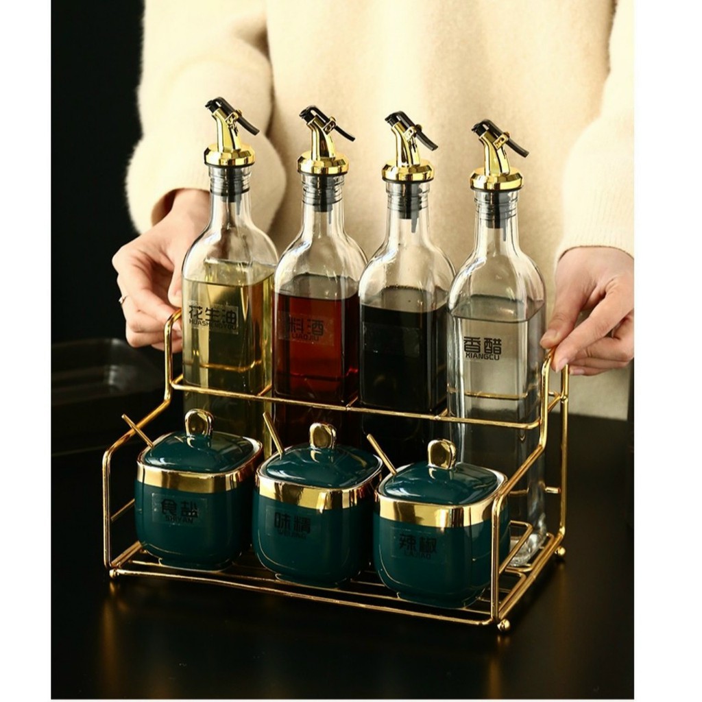 Set bộ 3 hũ vuông đựng gia vị sứ xanh ngọc viền vàng cao cấp có kèm khay và thìa