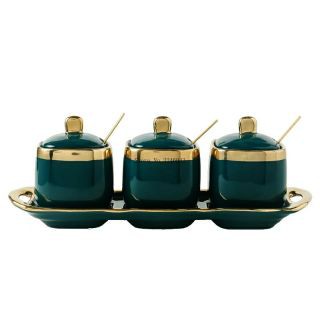 Set bộ 3 hũ vuông đựng gia vị sứ xanh ngọc viền vàng cao cấp có kèm khay và thìa