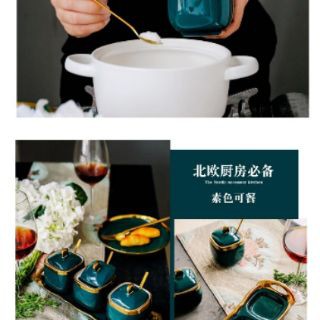 Set bộ 3 hũ vuông đựng gia vị sứ xanh ngọc viền vàng cao cấp có kèm khay và thìa