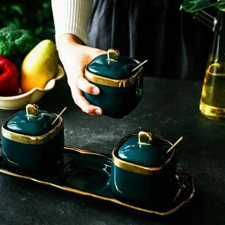 Set bộ 3 hũ vuông đựng gia vị sứ xanh ngọc viền vàng cao cấp có kèm khay và thìa