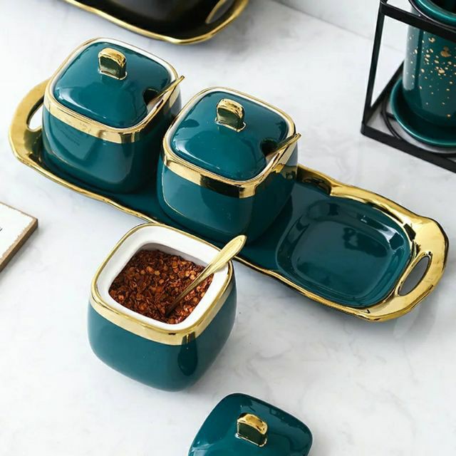 Set bộ 3 hũ vuông đựng gia vị sứ xanh ngọc viền vàng cao cấp có kèm khay và thìa