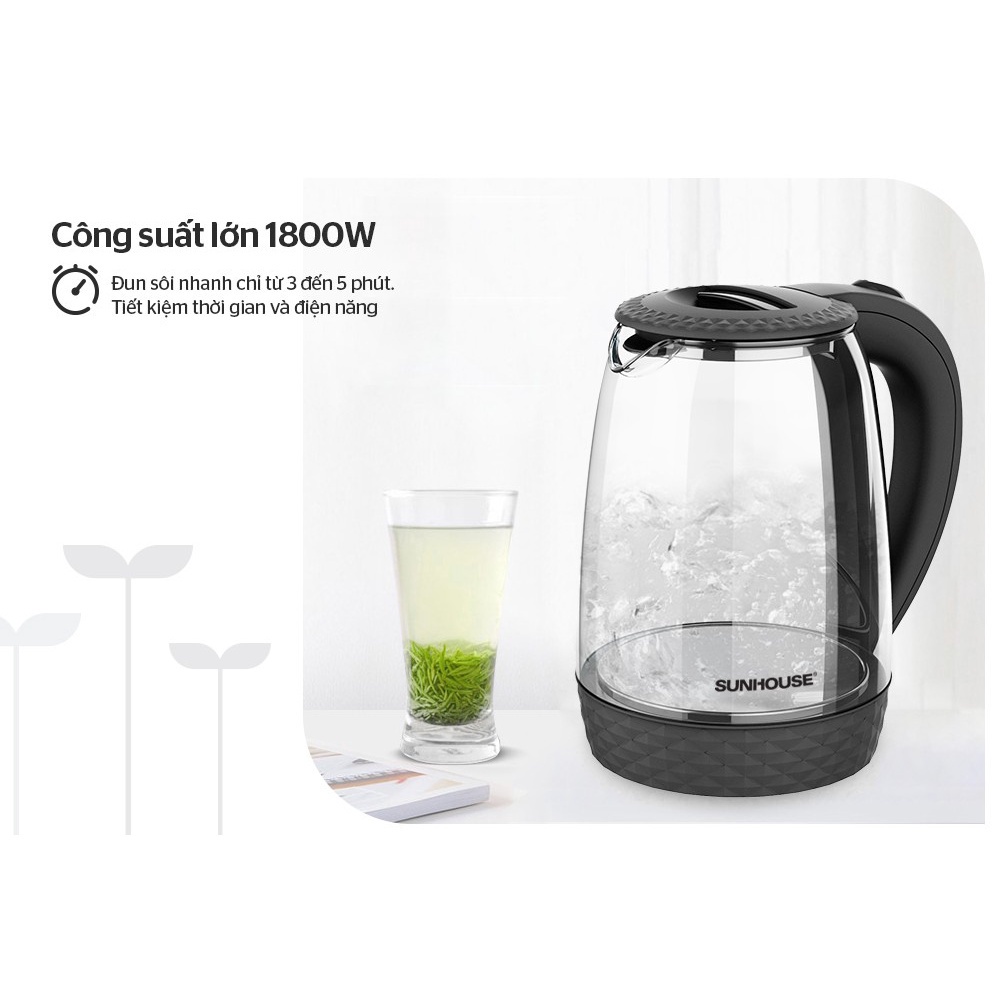 Bình đun siêu tốc 1.8L Sunhouse SHD1215B thủy tinh cao cấp trong suốt - Bảo hành 12 tháng chính hãng toàn quốc