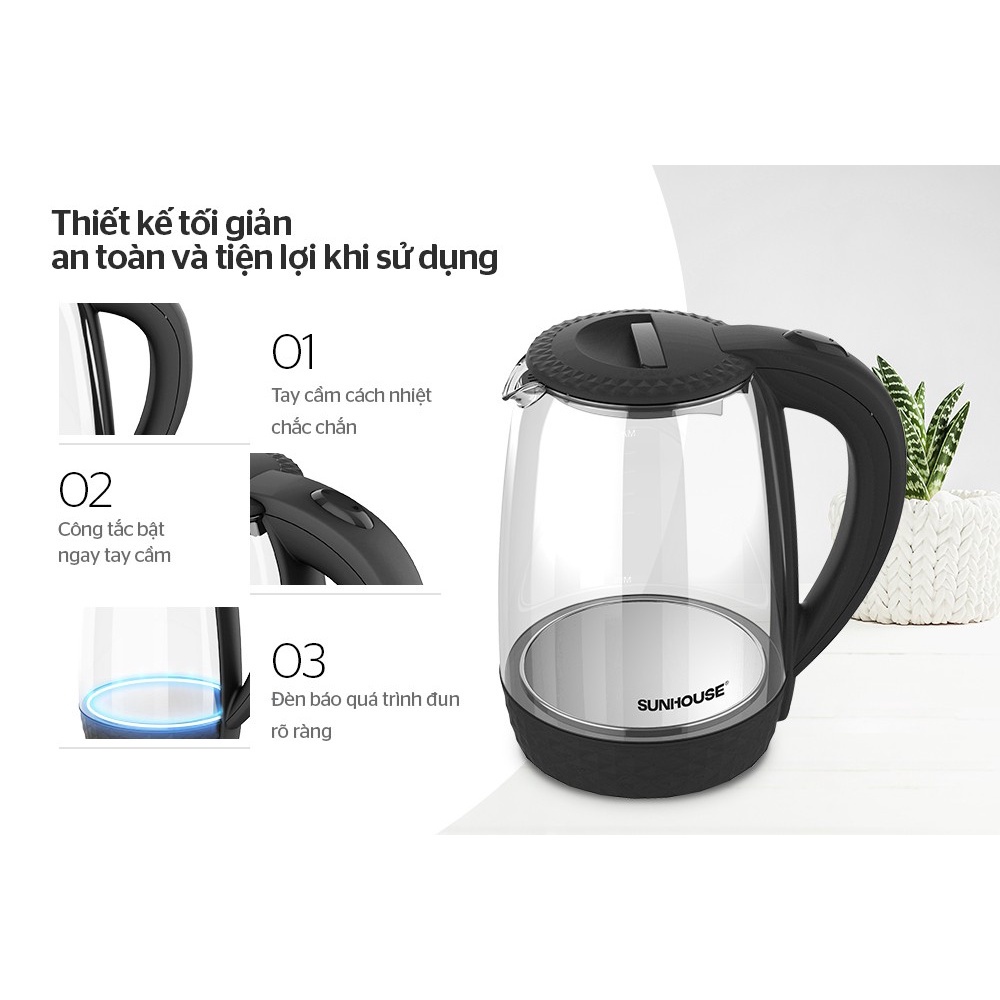 Bình đun siêu tốc 1.8L Sunhouse SHD1215B thủy tinh cao cấp trong suốt - Bảo hành 12 tháng chính hãng toàn quốc