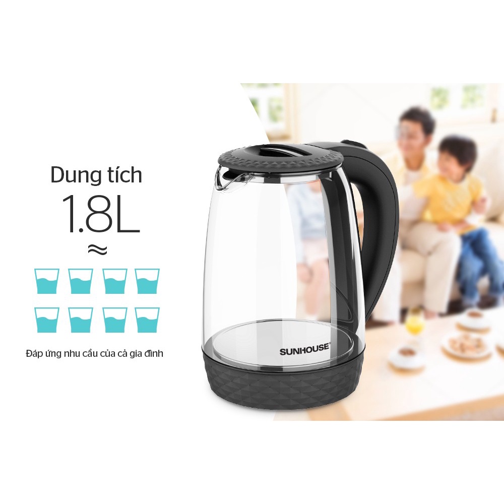 Bình đun siêu tốc 1.8L Sunhouse SHD1215B thủy tinh cao cấp trong suốt - Bảo hành 12 tháng chính hãng toàn quốc