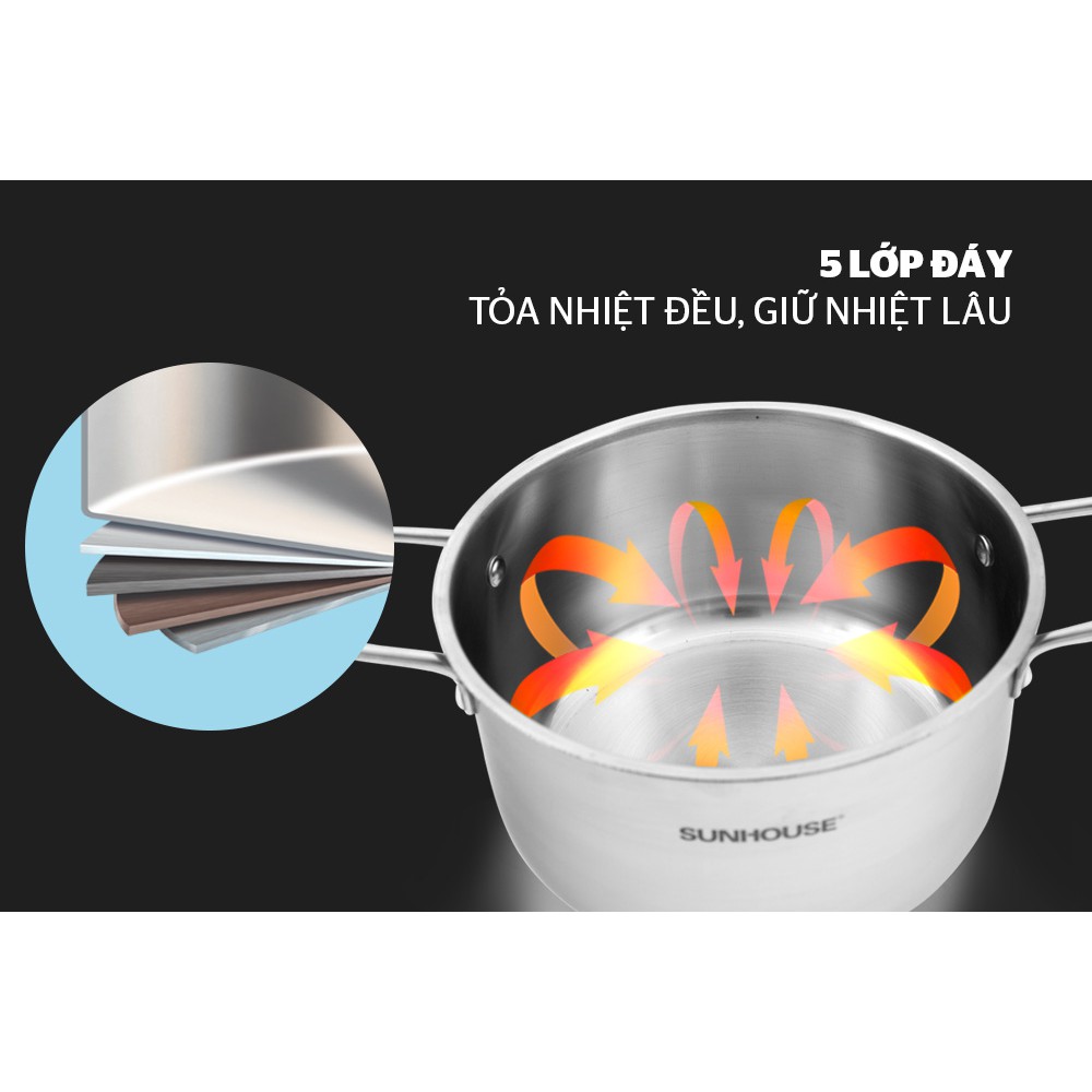 Bộ 3 nồi inox 5 đáy sử dụng bếp từ Sunhouse MAMA SH784
