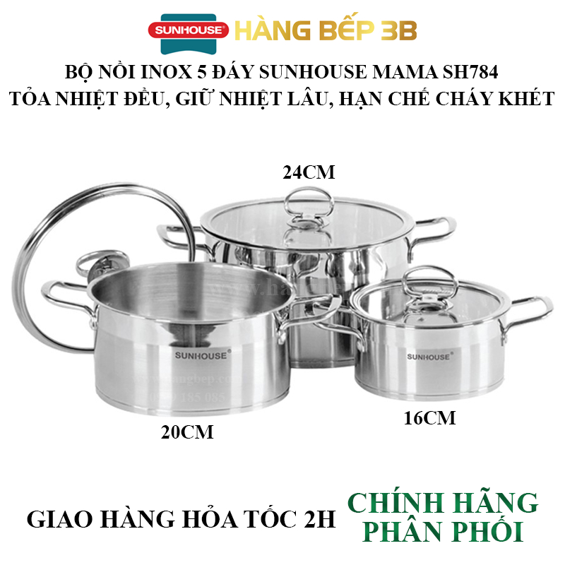 Bộ 3 nồi inox 5 đáy sử dụng bếp từ Sunhouse MAMA SH784