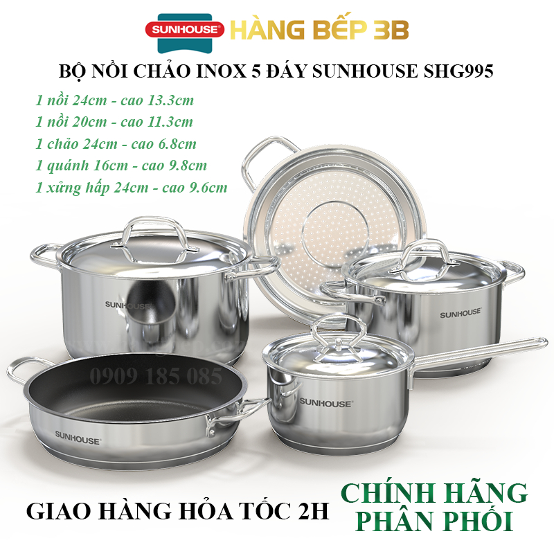 Bộ 5 món nồi chảo inox 5 đáy Sunhouse SHG995_ sản phẩm mới ra mắt 25.3.2021