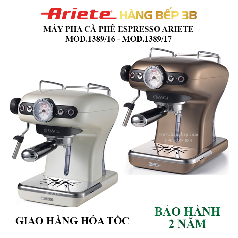 Máy pha cà phê Espresso 0,9 lít Ariete MOD.1389/16-MOD.1389/17 - Thương hiệu đến từ Ý - Kiểu dáng cổ điển - Hàng Bếp 3B
