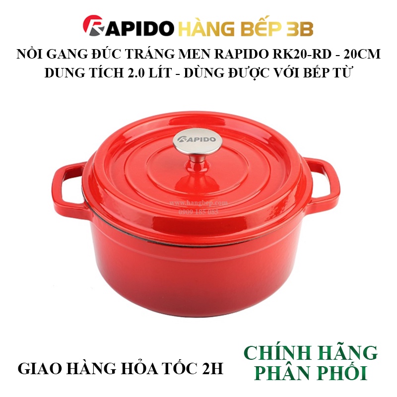 Bộ nồi gang đúc tráng men Rapido RK202224 - Chịu nhiệt đến 260°C - Sử dụng được bếp từ - Hàng Bếp 3B