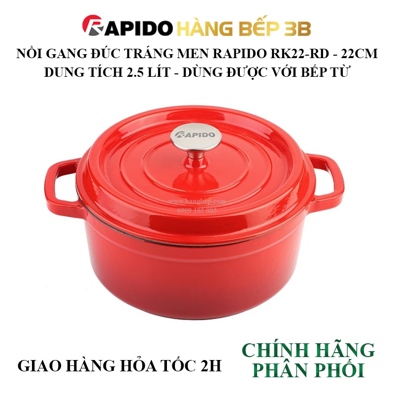 Bộ nồi gang đúc tráng men Rapido RK202224 - Chịu nhiệt đến 260°C - Sử dụng được bếp từ - Hàng Bếp 3B