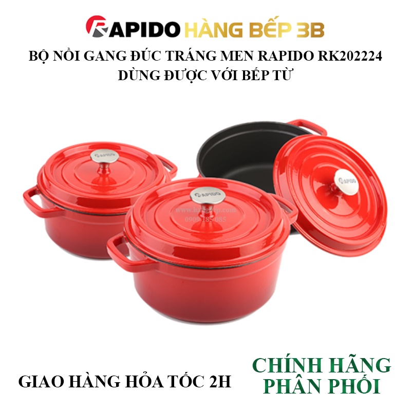 Bộ nồi gang đúc tráng men Rapido RK202224 - Chịu nhiệt đến 260°C - Sử dụng được bếp từ - Hàng Bếp 3B