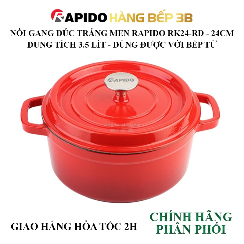 Bộ nồi gang đúc tráng men Rapido RK202224 - Chịu nhiệt đến 260°C - Sử dụng được bếp từ - Hàng Bếp 3B