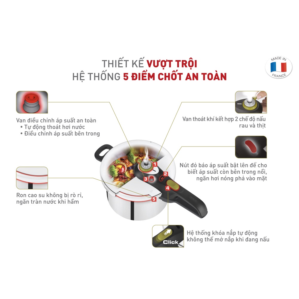 Nồi áp suất inox 304 sử dụng bếp từ Tefal Secure 5 Neo 6 lít & 4 lít  - Chính hãng bảo hành 2 năm - Hàng Bếp 3B