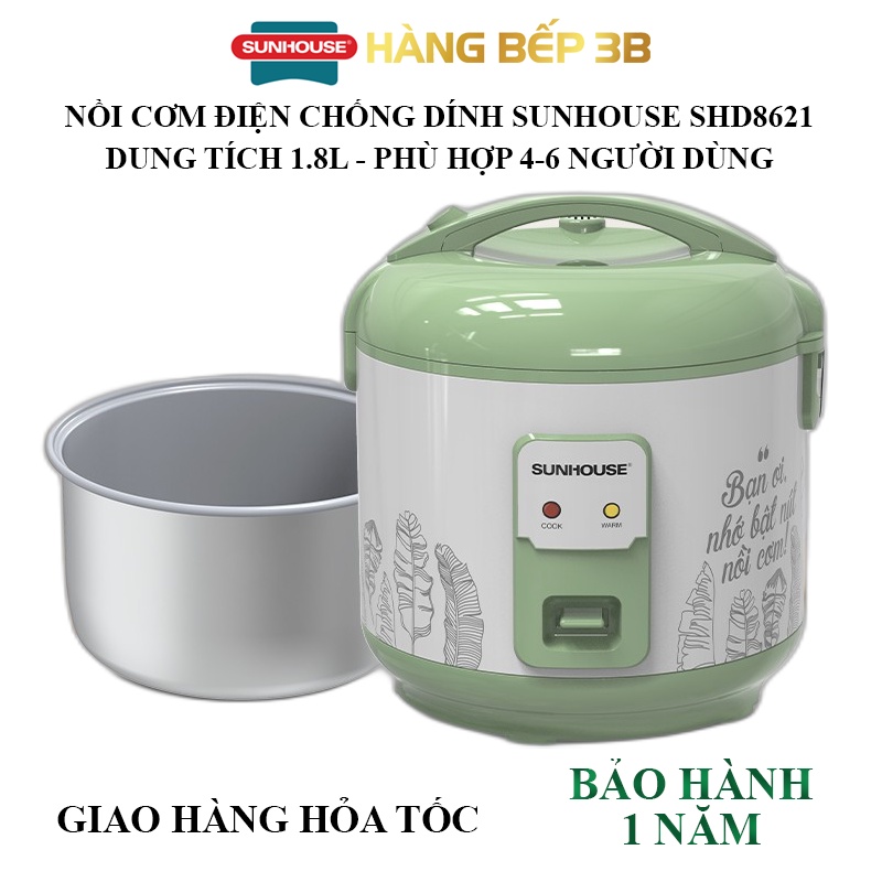 Nồi cơm điện chống dính 1.8 lít Sunhouse SHD8621 - Hàng Bếp 3B - Chính hãng