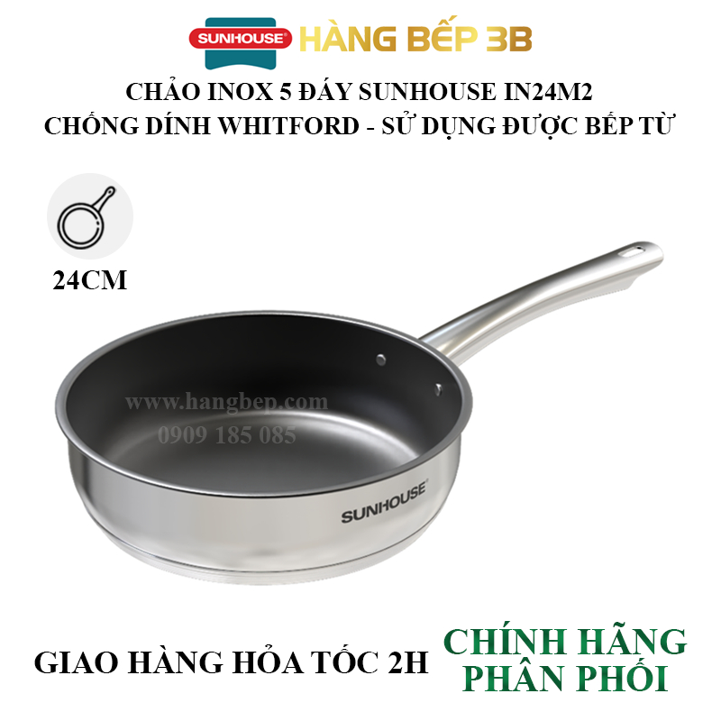 Chảo Inox 5 đáy chống dính Sunhouse 20cm / 24cm / 26cm IN20M2 - IN24M2- IN26M2 -  sử dụng bếp từ
