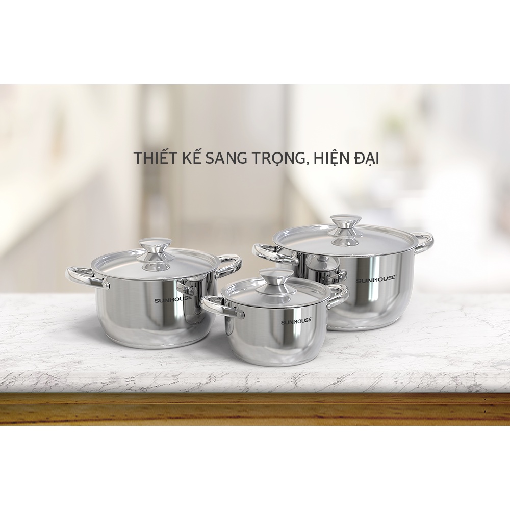 Bộ 3 nồi inox 3 đáy Sunhouse SHG302 (new model 10.2021) 16cm/20cm/24cm - Sử dụng bếp từ