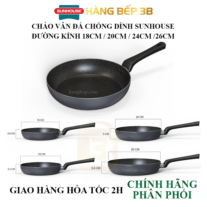 Chảo vân đá chống dính Sunhouse CT Plus 18/20/22/24/26/28/30cm - Không sử dụng bếp từ
