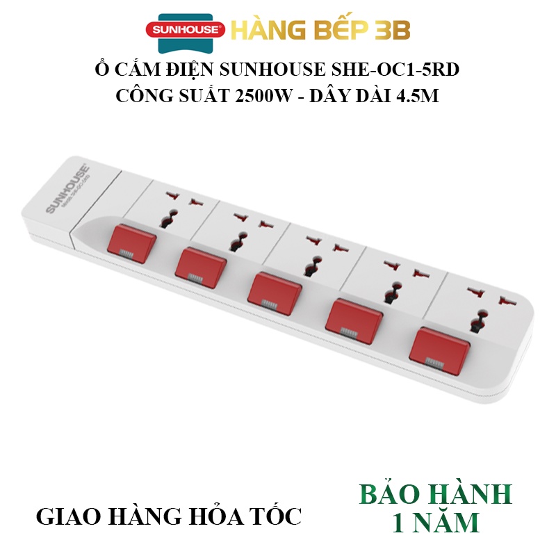 Ổ cắm điện Sunhouse SHE-OC1-3R - 2 chấu, 3 chấu chính hãng phân phối, bảo hành toàn quốc