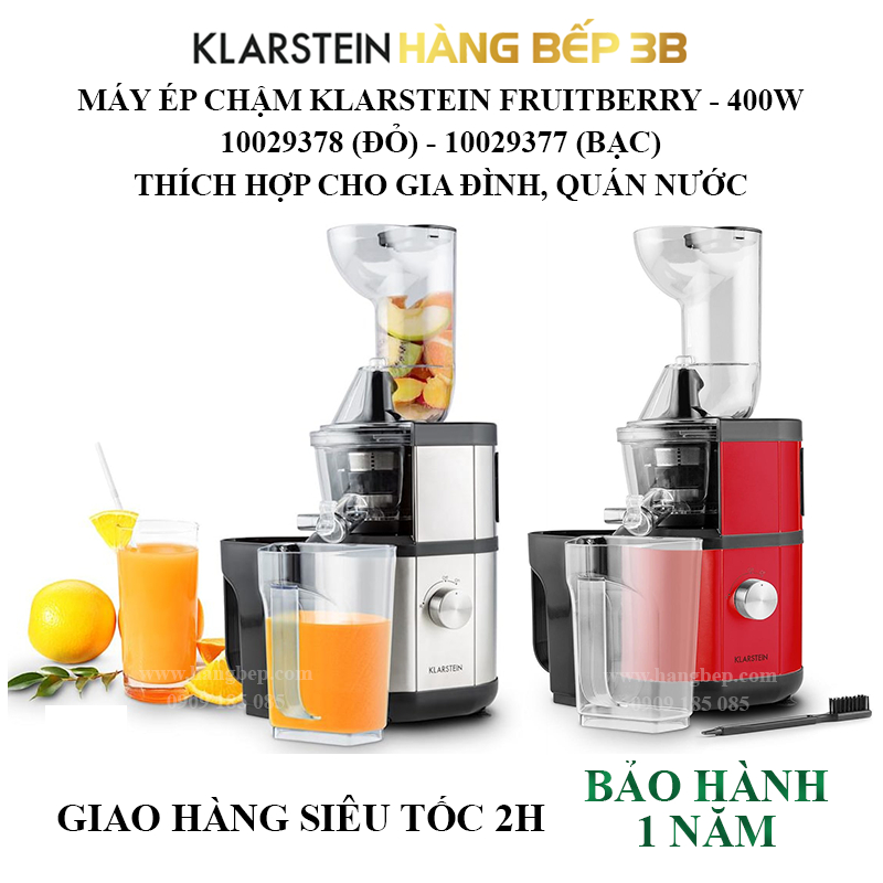 Máy ép chậm trái cây công suất lớn Klarstein - 400W - Đỏ/Bạc Inox - Hàng chính hãng, bảo hành 12 tháng