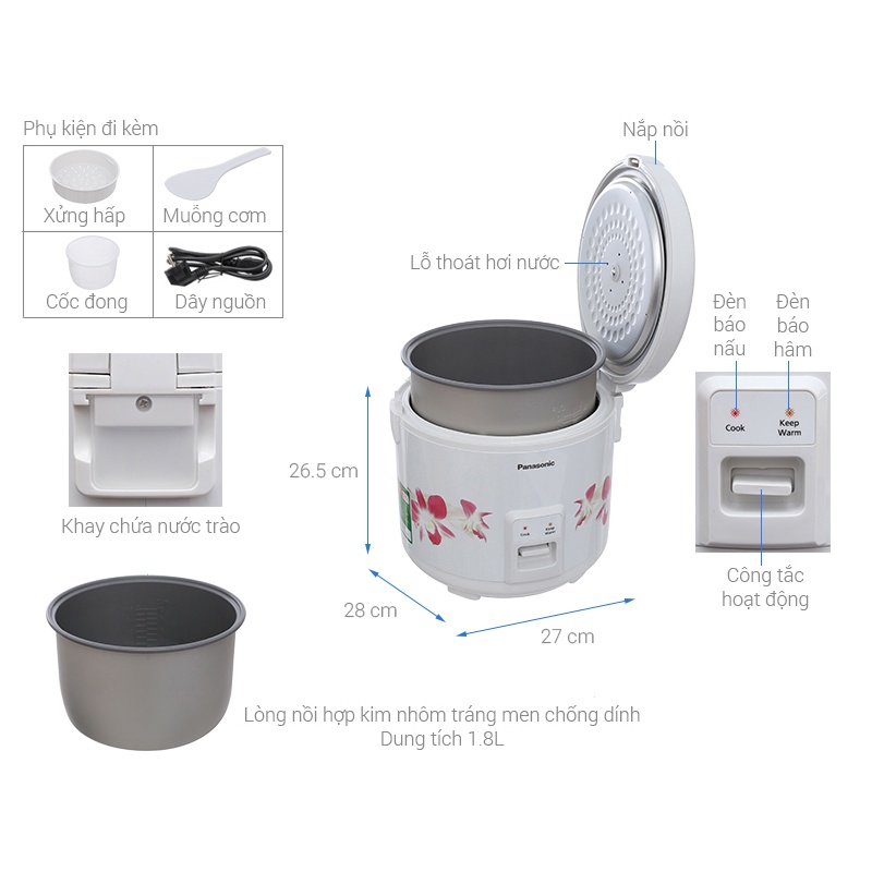 Nồi cơm điện Panasonic 1.8 lít SR-MVN187LRA / SR-MVN187HRA - Bảo hành chính hãng 12 tháng