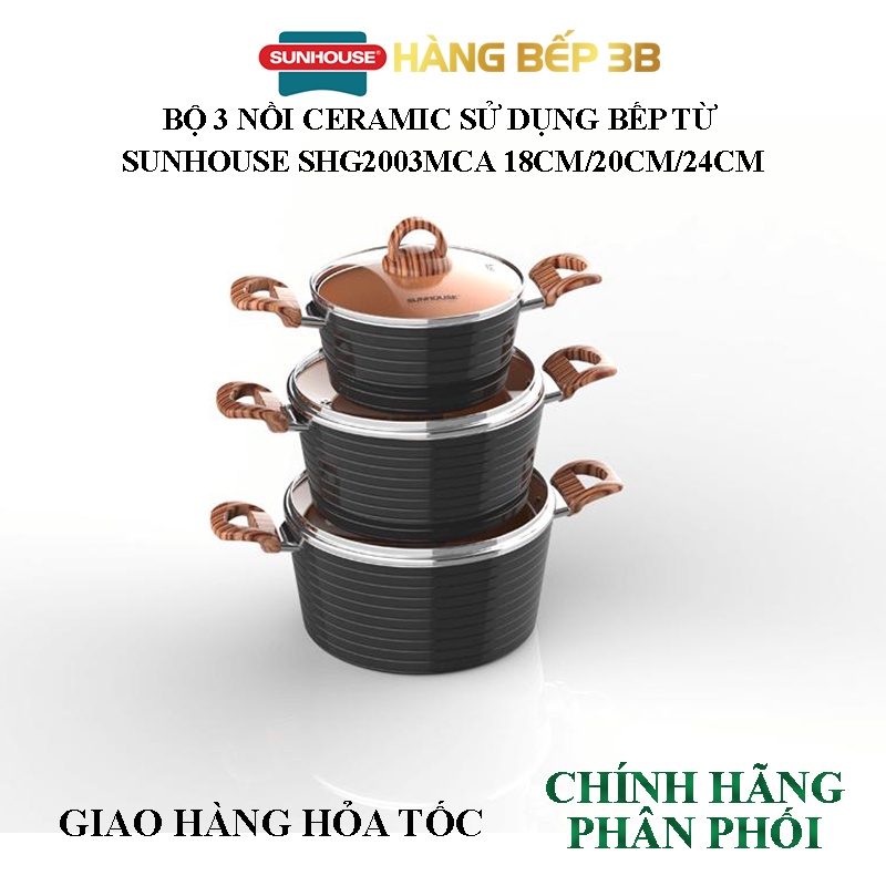 Bộ nồi Ceramic đáy từ Sunhouse SHG2003MCA - 18cm/20cm/24cm