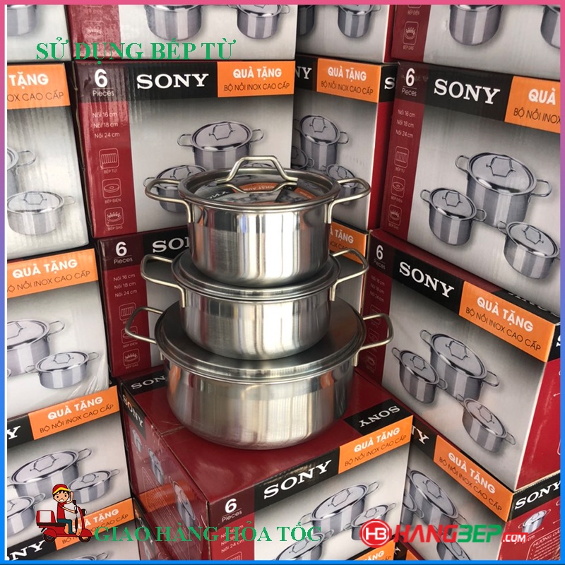 Bộ 3 nồi inox 1 đáy sử dụng bếp từ khuyến mãi Sony 16cm/18cm/24cm