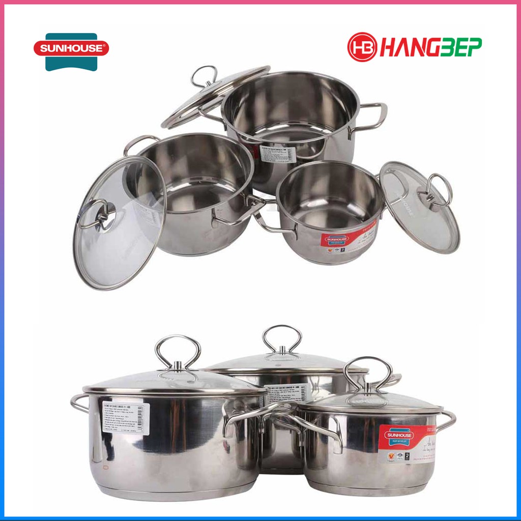 Bộ 3 nồi Inox 5 đáy sử dụng bếp từ Sunhouse SH888 vung kính - Sử dụng bếp từ, hàng chính hãng 100%