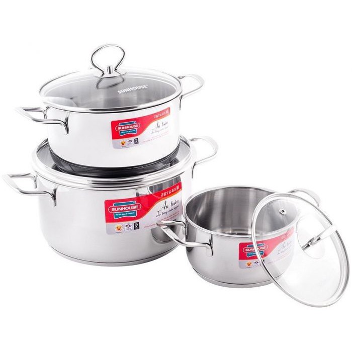 Bộ 3 nồi Inox 5 đáy sử dụng bếp từ Sunhouse SH888 vung kính - Sử dụng bếp từ, hàng chính hãng 100%
