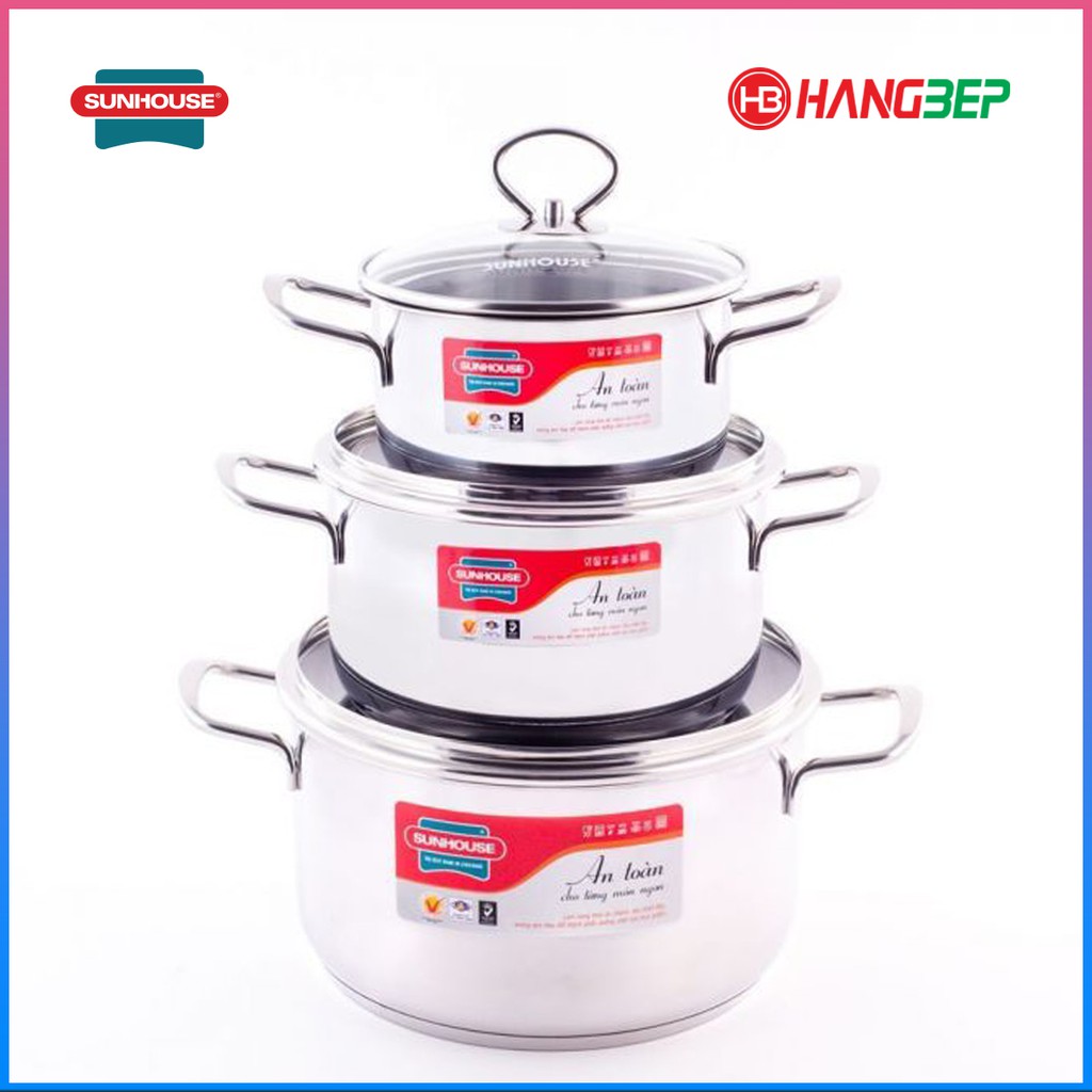 Bộ 3 nồi Inox 5 đáy sử dụng bếp từ Sunhouse SH888 vung kính - Sử dụng bếp từ, hàng chính hãng 100%