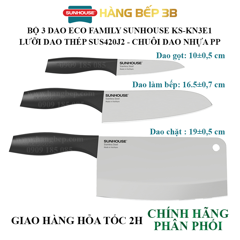 Bộ 3 dao Eco Family Sunhouse KS-KN3E1 / KS-KN3E2 (10cm/16.5cm/19cm)