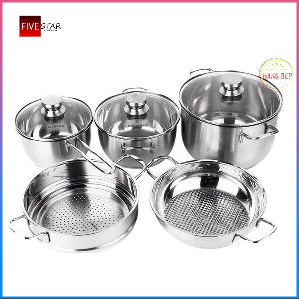 Fivestar Bộ 5 nồi 3 đáy nắp kính Inox FS08CG1