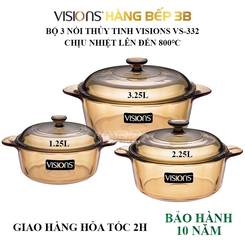 Bộ 3 nồi thủy tinh chịu nhiệt Visions VS-332 / VS-336 - sản xuất tại Pháp - bảo hành chính hãng 10 năm (sốc nhiệt)