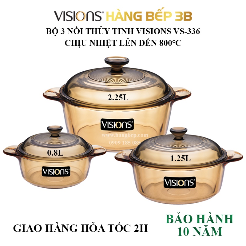 Bộ 3 nồi thủy tinh chịu nhiệt Visions VS-332 / VS-336 - sản xuất tại Pháp - bảo hành chính hãng 10 năm (sốc nhiệt)
