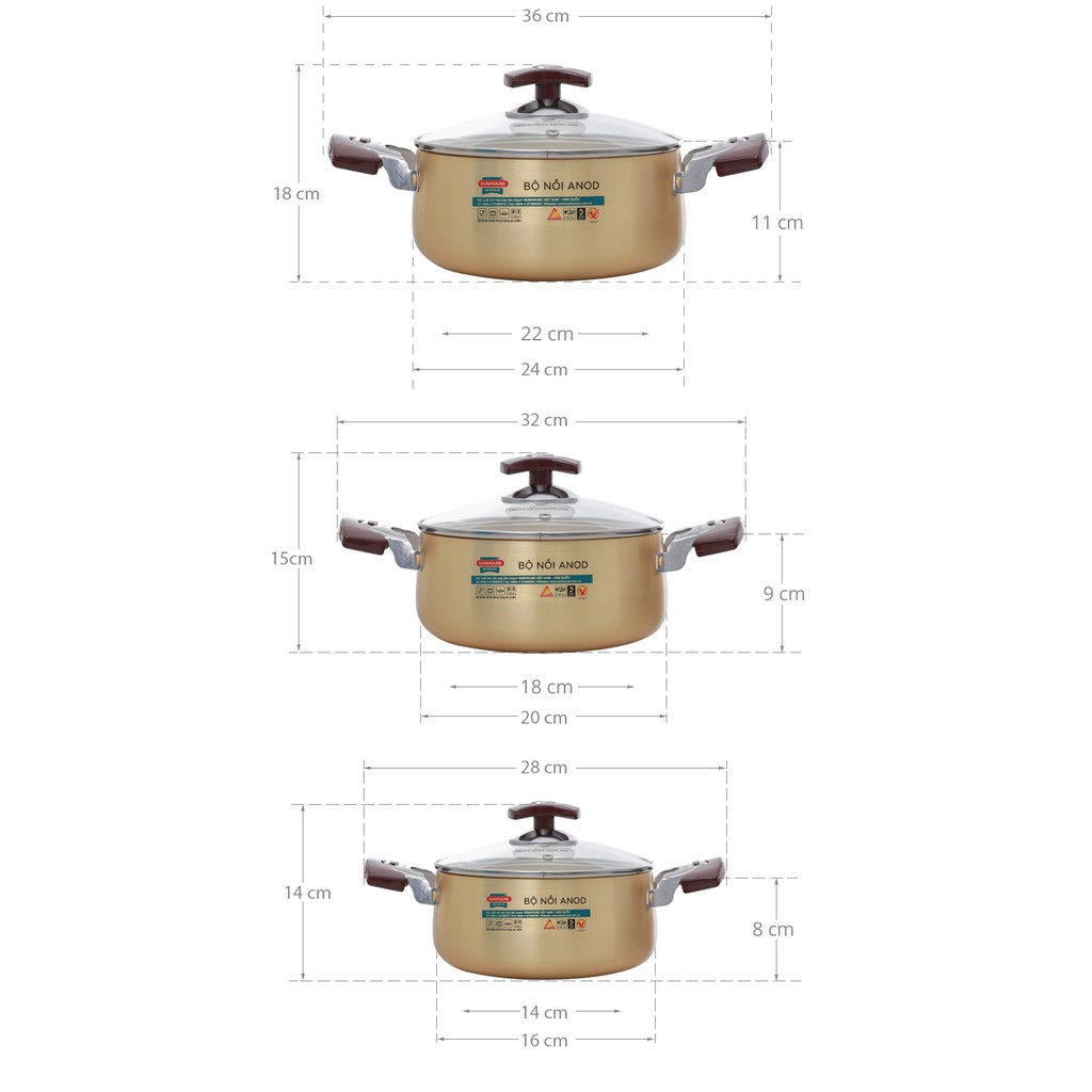Bộ 3 nồi nhôm Anod Sunhouse SH6634 (16cm/20cm/24cm)