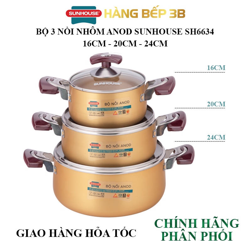 Bộ 3 nồi nhôm Anod Sunhouse SH6634 (16cm/20cm/24cm)