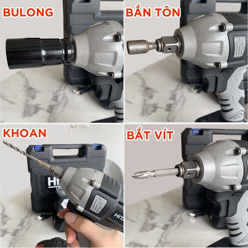 Máy siết bulong pin Hitachi 199v đầu bulong 2 trong 1, động cơ không chổi than
