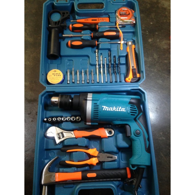 Máy khoan điện Makita, máy khoan tường sắt gỗ 13 ly RE full đồ nghề gia đình tặng kèm phụ kiện 45 chi tiết