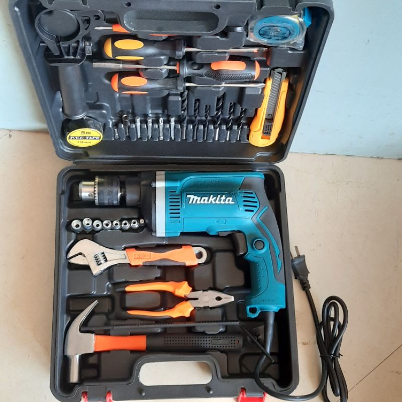 Máy khoan điện Makita, máy khoan tường sắt gỗ 13 ly RE full đồ nghề gia đình tặng kèm phụ kiện 45 chi tiết