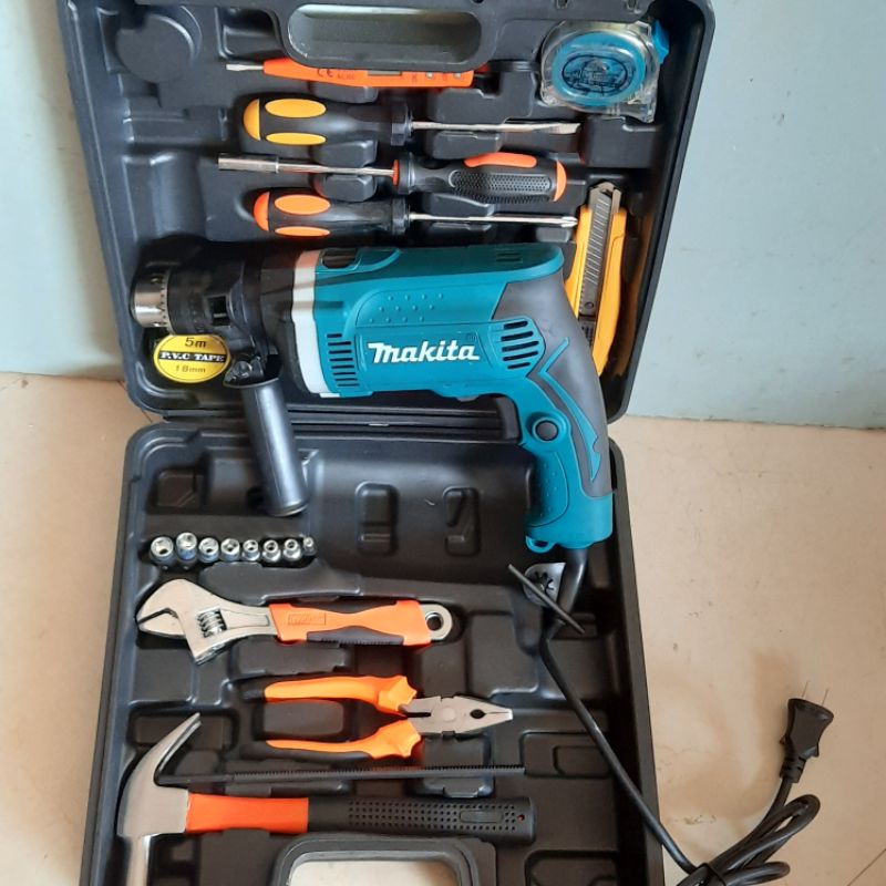 Máy khoan điện Makita, máy khoan tường sắt gỗ 13 ly RE full đồ nghề gia đình tặng kèm phụ kiện 45 chi tiết