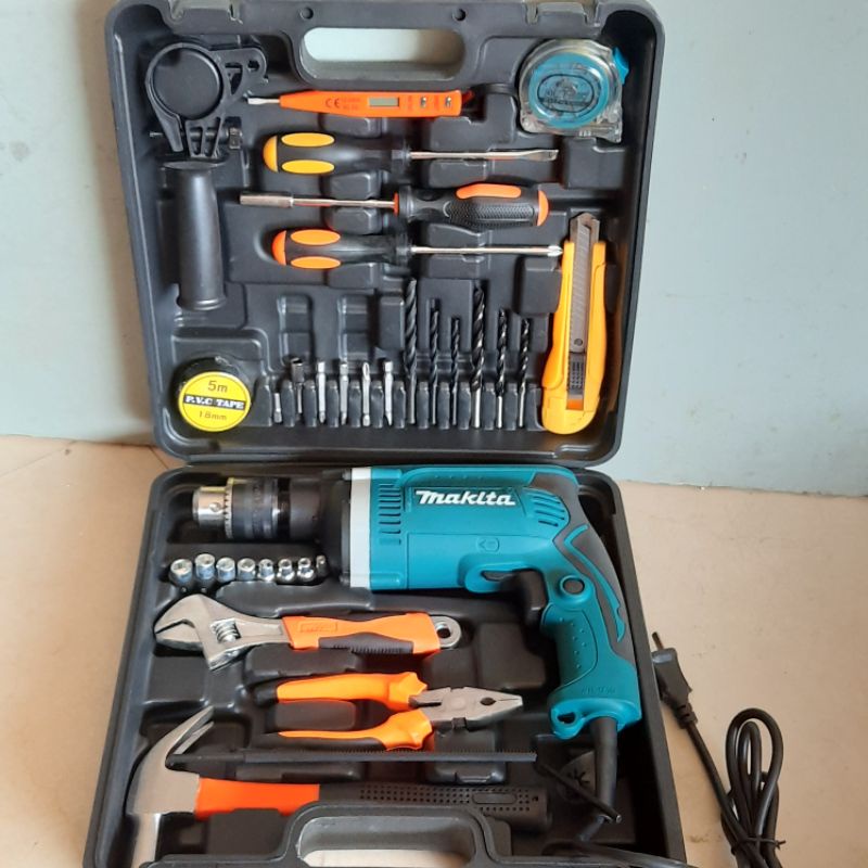 Máy khoan điện Makita, máy khoan tường sắt gỗ 13 ly RE full đồ nghề gia đình tặng kèm phụ kiện 45 chi tiết