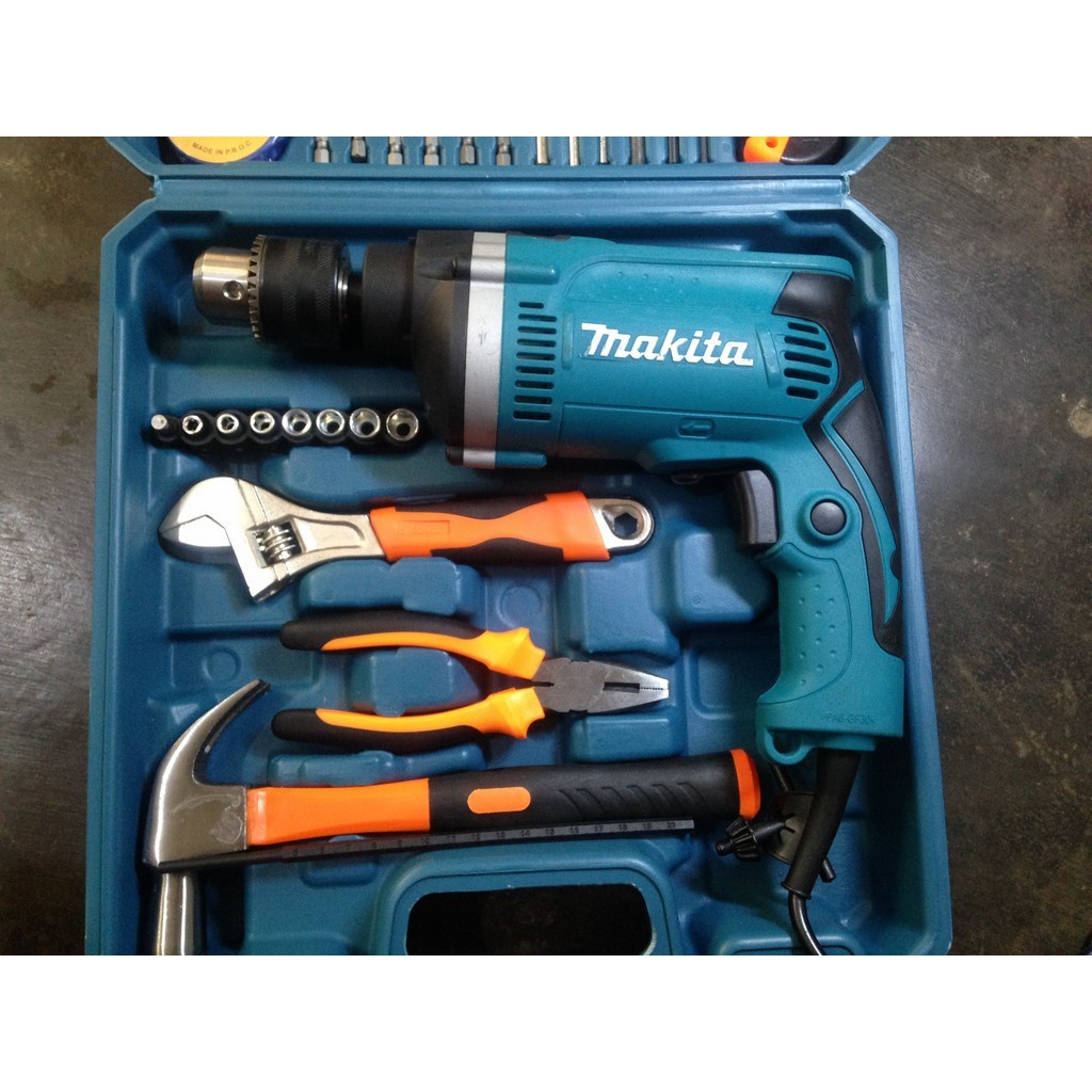 Máy khoan điện Makita, máy khoan tường sắt gỗ 13 ly RE full đồ nghề gia đình tặng kèm phụ kiện 45 chi tiết