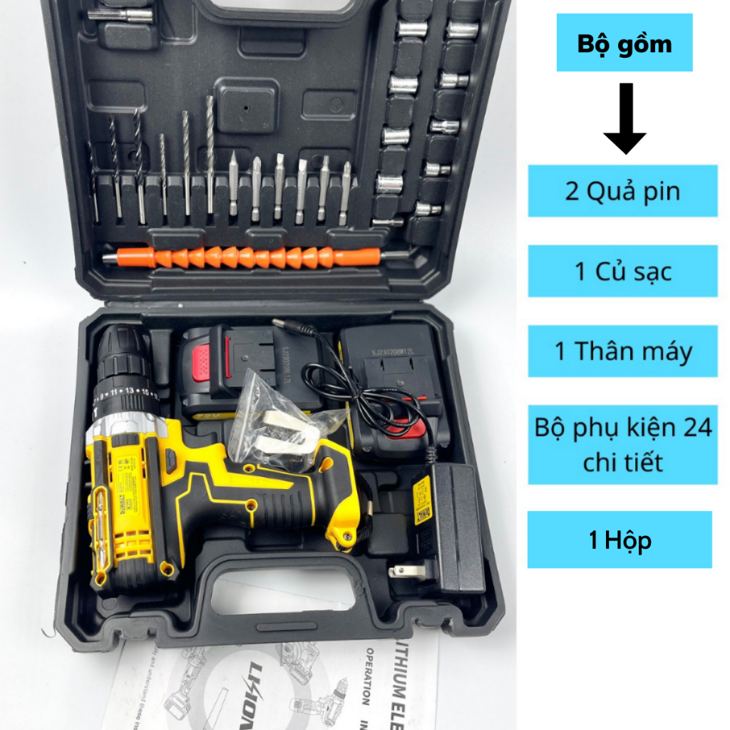 Máy khoan pin Dewalt 72v, máy khoan cầm tay 3 chức năng có búa tặng kèm phụ kiện 24 chi tiết