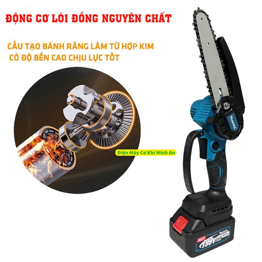 Máy cưa xích cầm tay, máy cưa mini dùng pin Makita 199v không chổi than, pin khủng 10cell cưa gỗ cầm tay máy siêu khỏe
