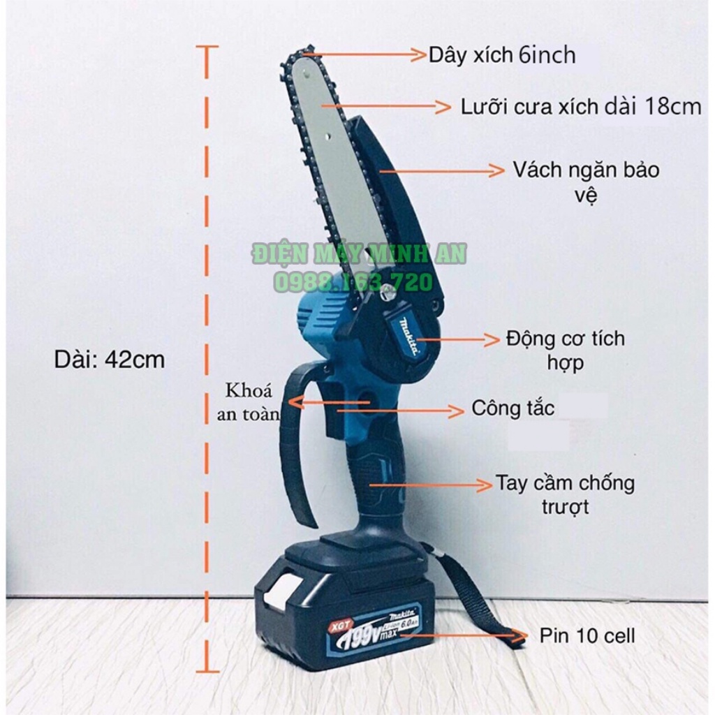 Máy cưa xích cầm tay, máy cưa mini dùng pin Makita 199v không chổi than, pin khủng 10cell cưa gỗ cầm tay máy siêu khỏe