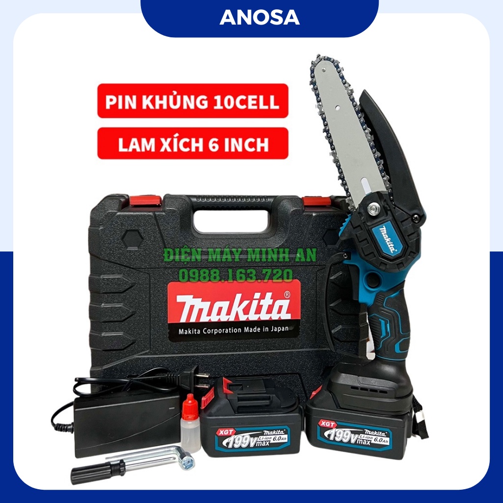 Máy cưa xích cầm tay, máy cưa mini dùng pin Makita 199v không chổi than, pin khủng 10cell cưa gỗ cầm tay máy siêu khỏe