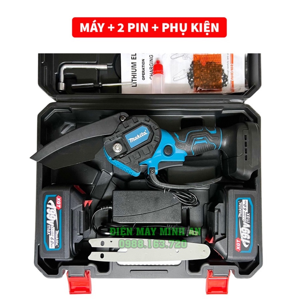 Máy cưa xích cầm tay, máy cưa mini dùng pin Makita 199v không chổi than, pin khủng 10cell cưa gỗ cầm tay máy siêu khỏe