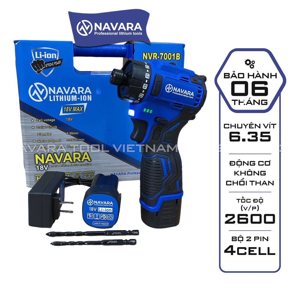 Máy chuyên vít Navara 7001B tặng 2 mũi khoan đa năng Động cơ Không chổi than bền bỉ và mạnh mẽ, Dây đồng nguyên chất
