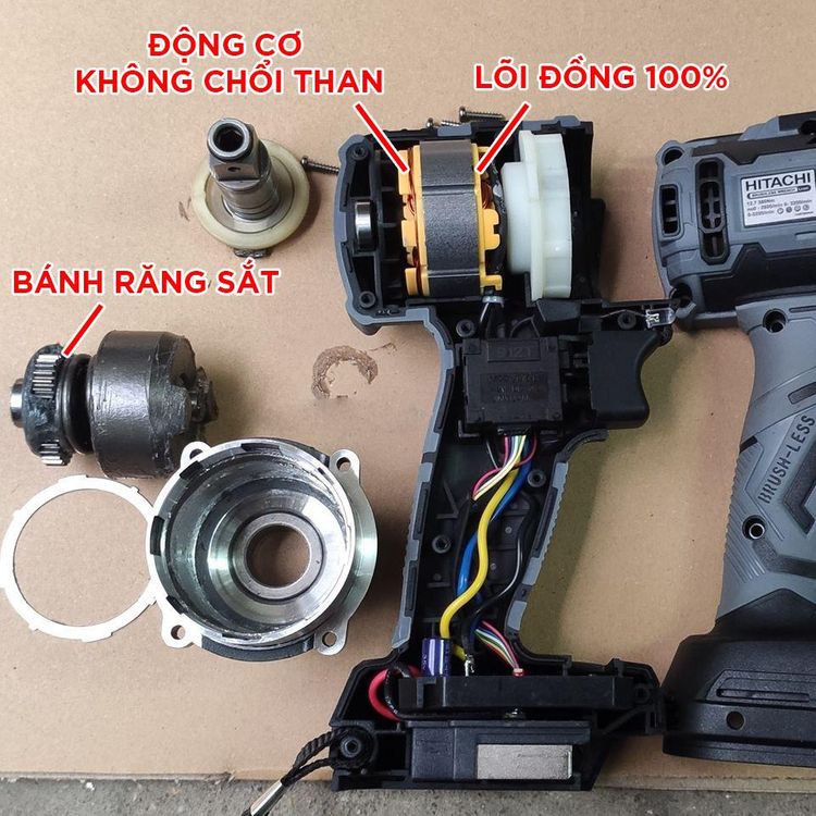 Máy khoan pin Hitachi 199v cầm tay, 3 chức năng có búa, động cơ không chổi than kèm bộ phụ kiện