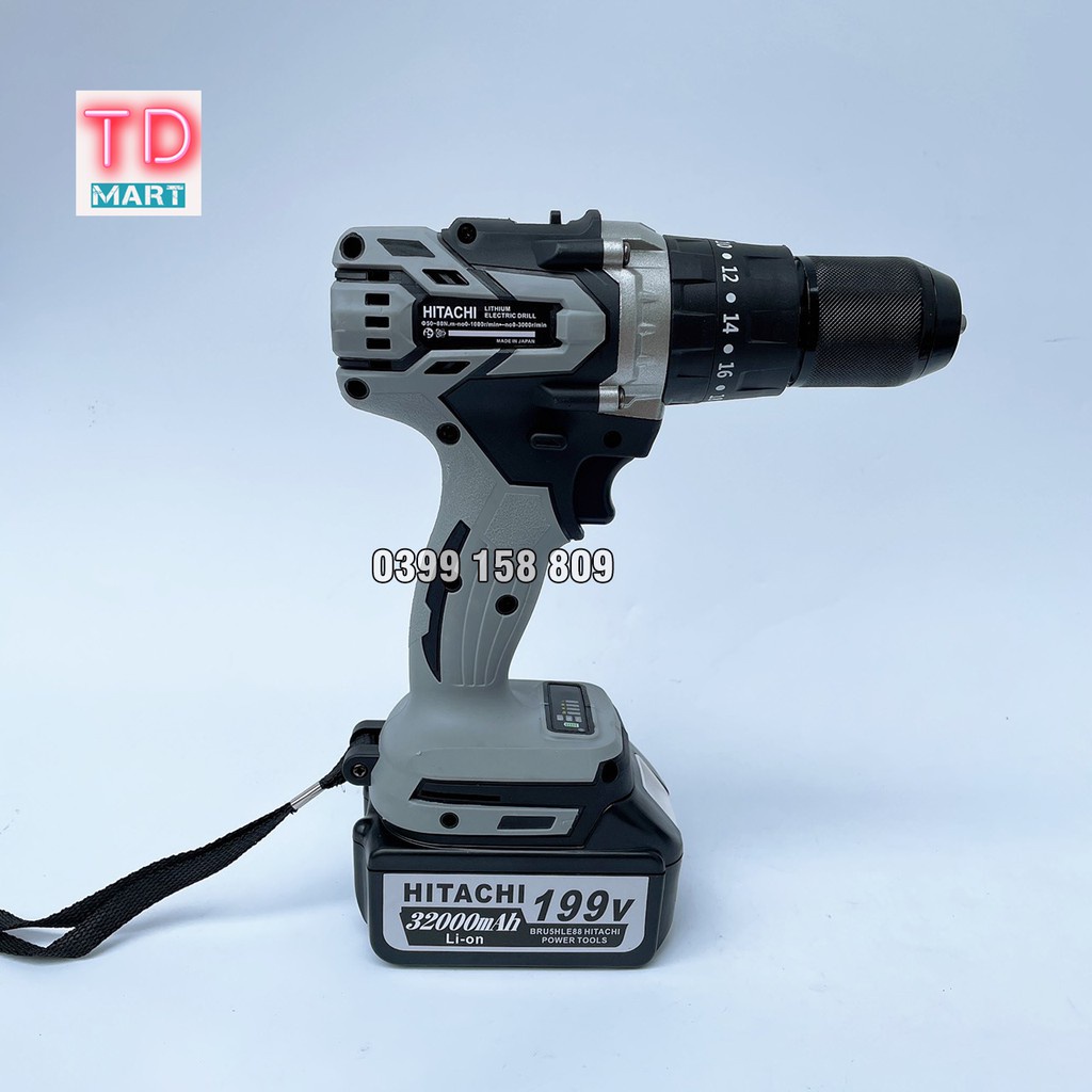Máy khoan pin Hitachi 199v cầm tay, 3 chức năng có búa, động cơ không chổi than kèm bộ phụ kiện